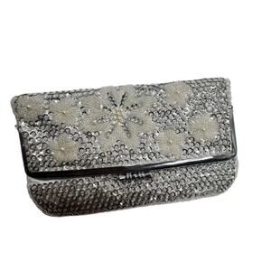 Vintage Silver Sequin Beaded White Flowery Fold-Over Clutch Purse